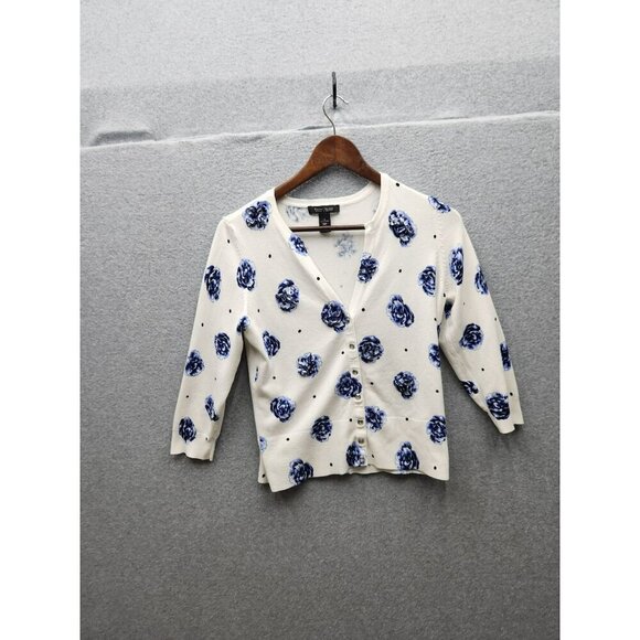 White House Black Market S Womens Floral & Polka Dot Button-Up Cardigan - Blue & - Picture 1 of 7